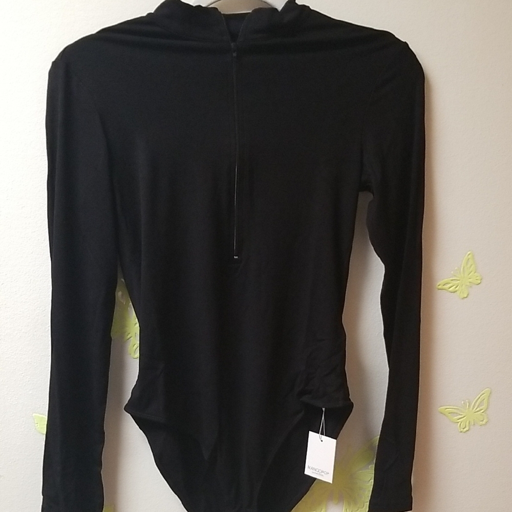 Mango Long Sleeve Zip Up Black Collection Bodysuit M New